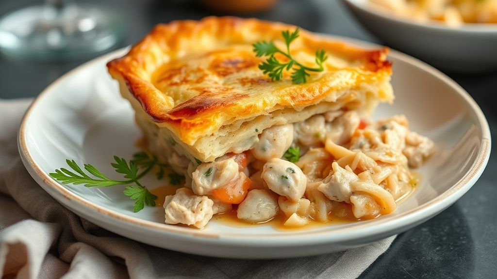 Torta salgada de frango dourada e fofa, em fatias bem apresentadas, mostrando o recheio cremoso.