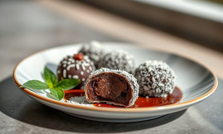 Trufas de brigadeiro com casquinha de chocolate brilhante, bem apresentadas em prato elegante