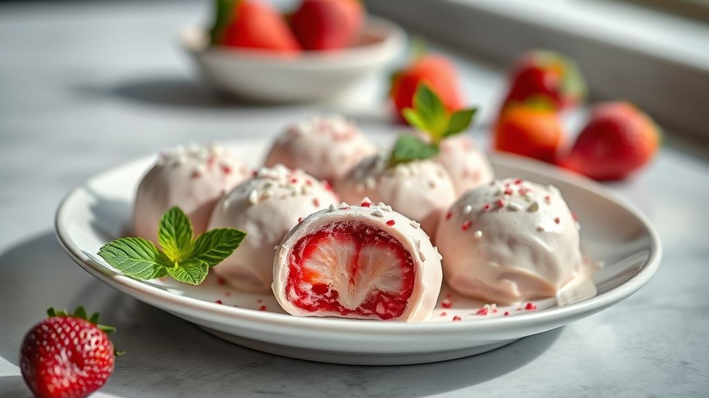 Trufas de morango prontas, com casquinha de chocolate brilhante e recheio cremoso, dispostas em forminhas decoradas.