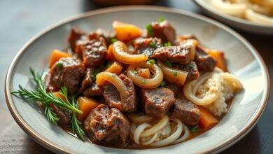 Prato de acém na panela de pressão com cebolas douradas e molho espesso servido em tigela rústica