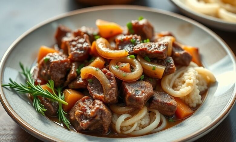 Prato de acém na panela de pressão com cebolas douradas e molho espesso servido em tigela rústica