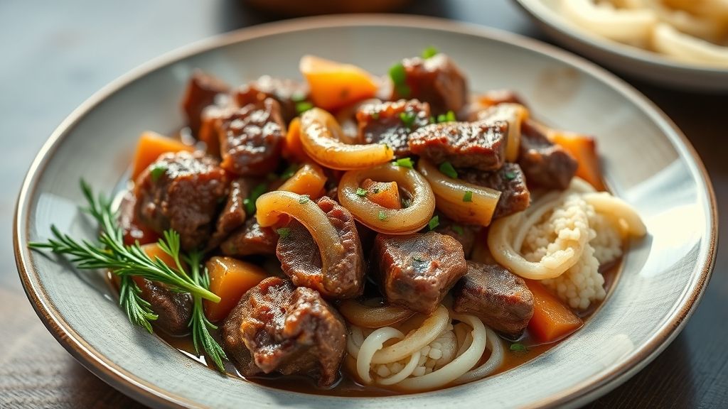 Prato de acém na panela de pressão com cebolas douradas e molho espesso servido em tigela rústica