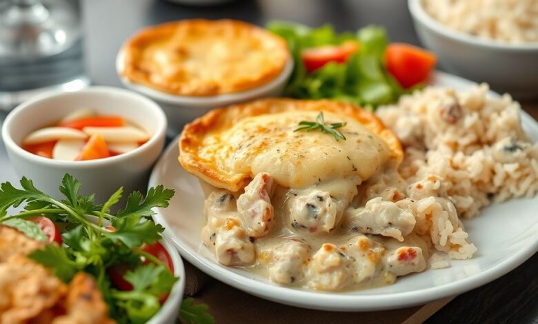 Empadão de frango dourado servido com salada verde, legumes e arroz colorido em uma mesa posta com estilo caseiro e elegante.