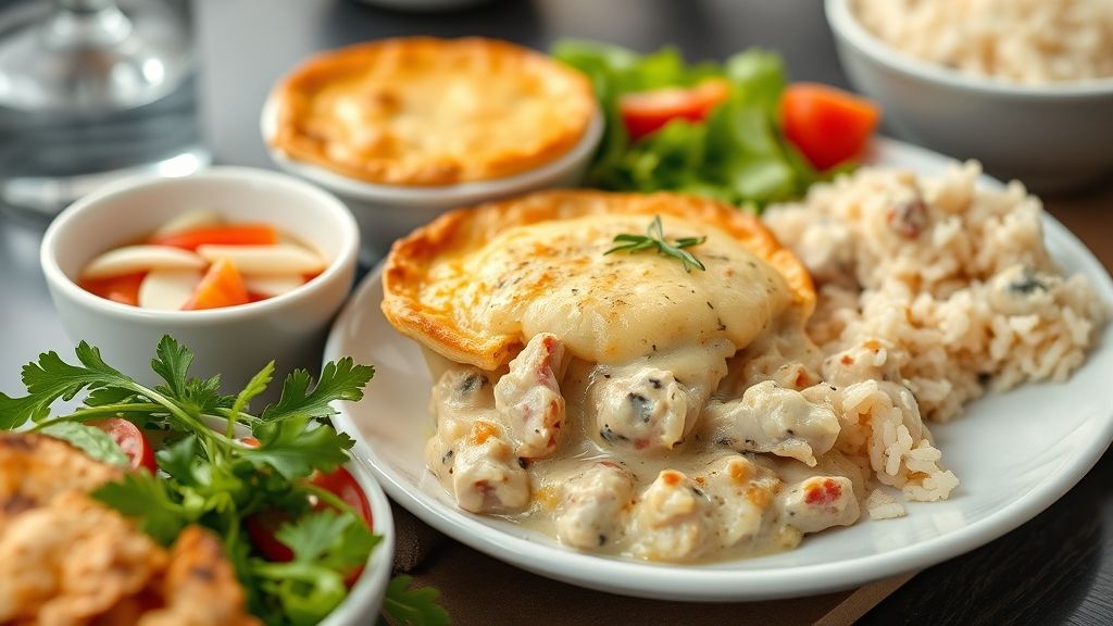 Empadão de frango dourado servido com salada fresca e arroz leve — acompanhamento para empadão de frango