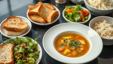 Sopa servida com pães dourados, salada fresca e guarnições em uma mesa acolhedora