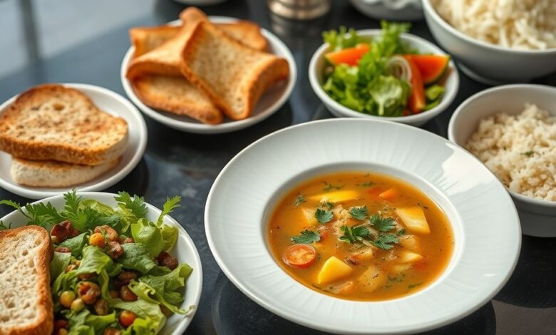 Sopa servida com pães dourados, salada fresca e guarnições em uma mesa acolhedora