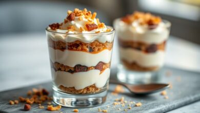 Sobremesa servida em copinhos com camadas visíveis de biscoito, doce de leite e ganache de chocolate, decorada com raspas de chocolate.