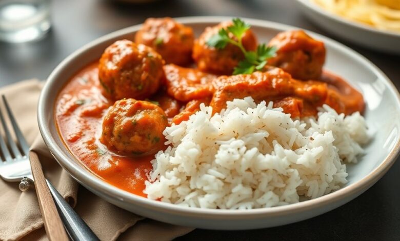 Prato servido com almôndegas ao molho cremoso e arroz soltinho, cobertos com queijo derretido, em apresentação caseira e apetitosa