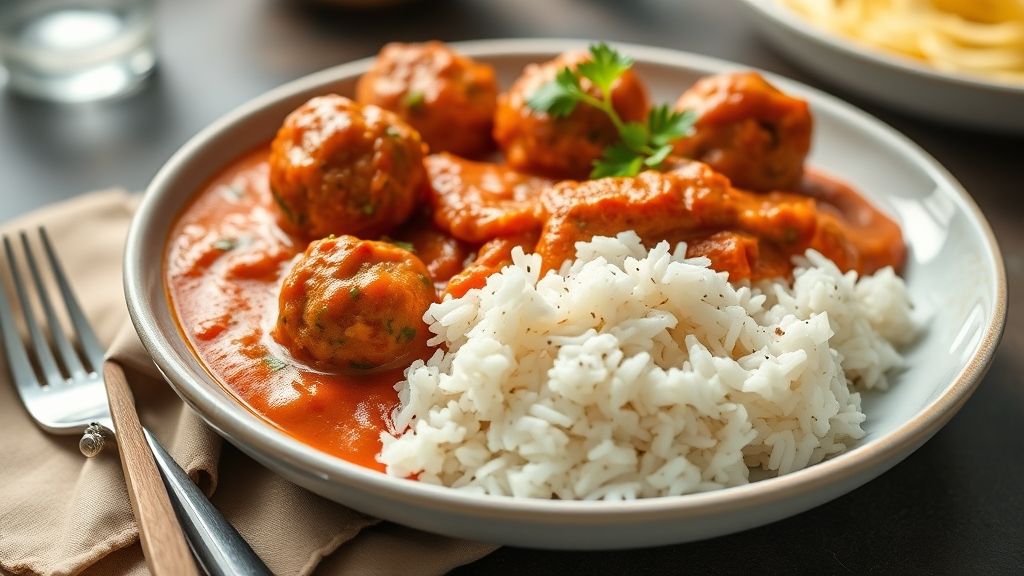 Prato servido com almôndegas ao molho cremoso e arroz soltinho, cobertos com queijo derretido, em apresentação caseira e apetitosa