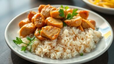 Prato de arroz com frango dourado, colorido com legumes e cheiro-verde, servido em tigela rústica.