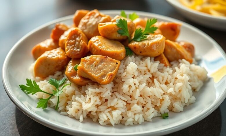 Prato de arroz com frango dourado, colorido com legumes e cheiro-verde, servido em tigela rústica.