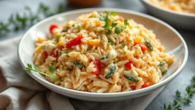 Arroz de forno com legumes gratinado, dourado e cremoso, servido em refratário de cerâmica, com vegetais coloridos e queijo derretido por cima.