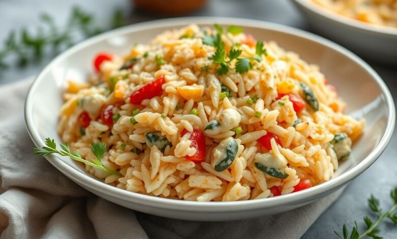 Arroz de forno com legumes gratinado, dourado e cremoso, servido em refratário de cerâmica, com vegetais coloridos e queijo derretido por cima.