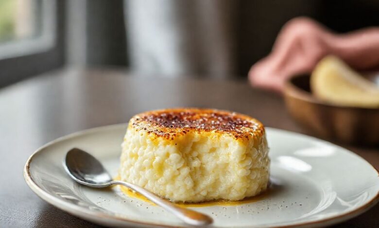 Taça de arroz doce brûlée com crosta dourada de açúcar, textura cremosa e decoração com canela.