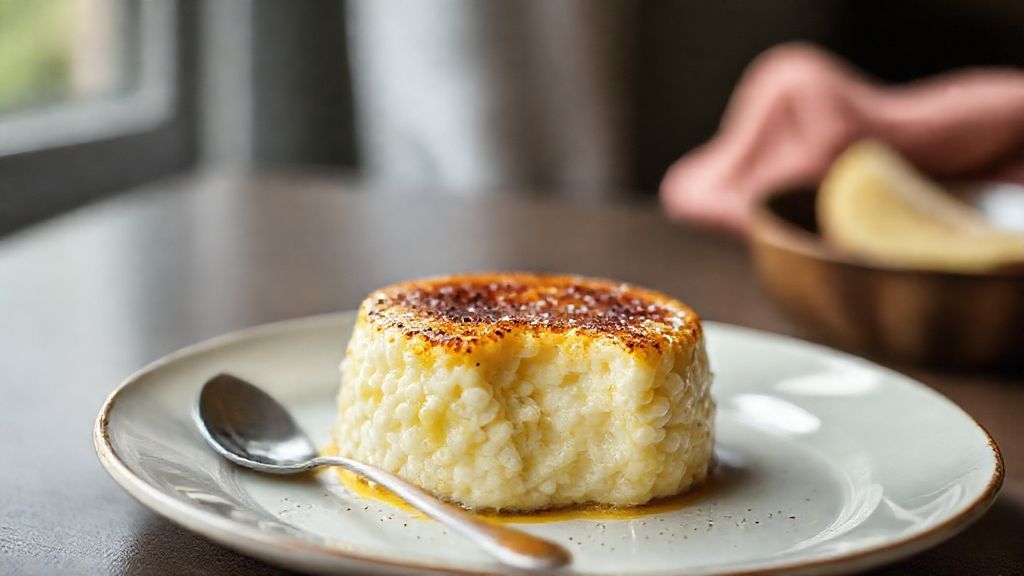 Taça de arroz doce brûlée com crosta dourada caramelizada e canela, sobremesa cremosa e sofisticada.