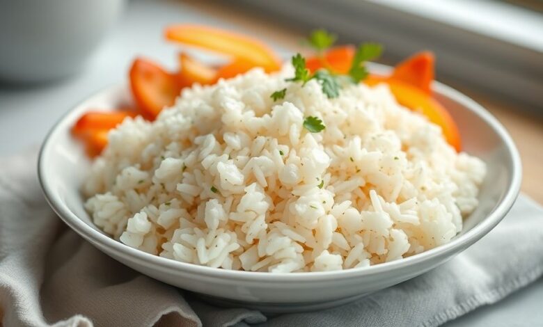 Prato de arroz soltinho e branco servido em tigela de cerâmica, com textura leve e apetitoso