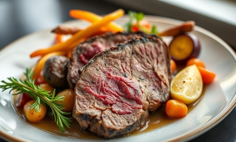 Prato de assado de carne dourado, servido com legumes coloridos e molho espesso, pronto para servir na mesa