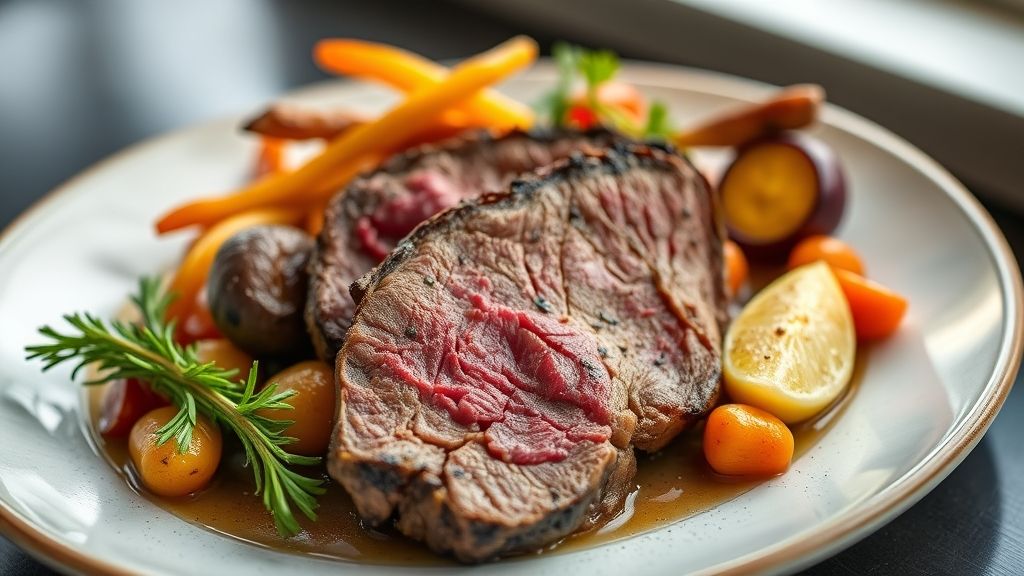 Assado de carne dourado e suculento servido com legumes assados, destaque para o brilho e textura do assado de carne