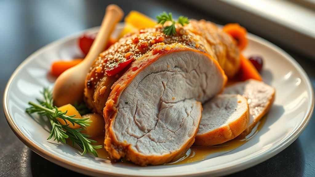 Prato de lombo suíno Sadia dourado e suculento, servido com legumes assados e alecrim fresco