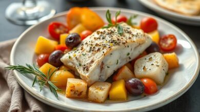 Prato de bacalhau finalizado com batatas, pimentões, ovos e azeite, servido de forma elegante e colorida.