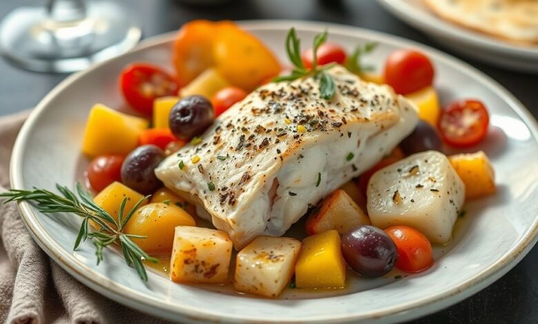 Prato de bacalhau finalizado com batatas, pimentões, ovos e azeite, servido de forma elegante e colorida.