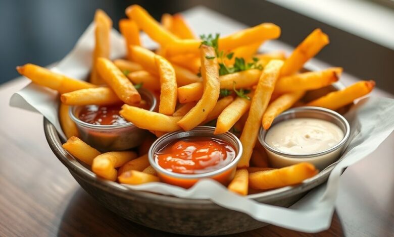 Batatas fritas douradas e crocantes em uma tigela, com sal e molhos ao lado, estilo lanchonete clássica