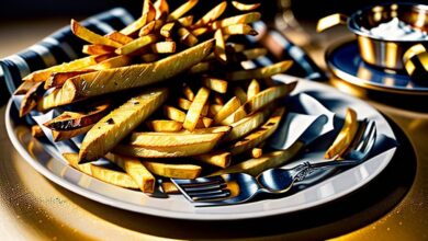 Porção generosa de batata frita crocante e dourada em cesto de metal, servida ao estilo fast food, com sal refinado por cima.