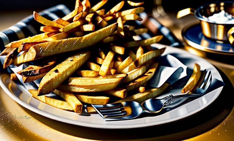 Porção generosa de batata frita crocante e dourada em cesto de metal, servida ao estilo fast food, com sal refinado por cima.