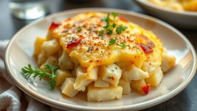 Prato de batata gratinada no forno, dourada e cremosa, servida em refratário com queijo derretido e crosta perfeita.