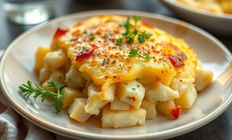 Prato de batata gratinada no forno, dourada e cremosa, servida em refratário com queijo derretido e crosta perfeita.