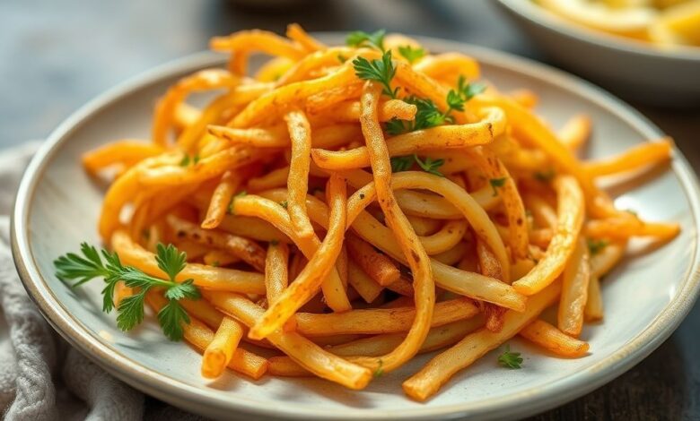 Tigela com batata palha caseira dourada e crocante, servida de forma apetitosa e convidativa.