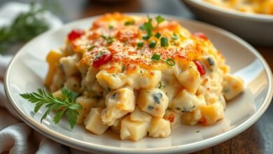 Batata recheada cremosa e gratinada servida em travessa esfumaçante, com queijo dourado por cima