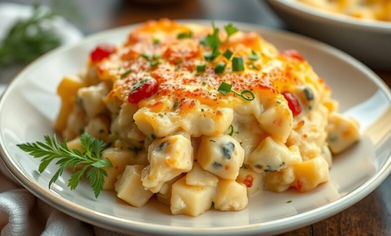 Batata recheada cremosa e gratinada servida em travessa esfumaçante, com queijo dourado por cima