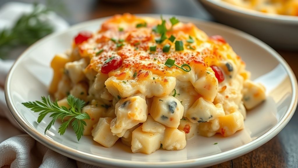 Batata recheada cremosa e gratinada servida em travessa esfumaçante, com queijo dourado por cima