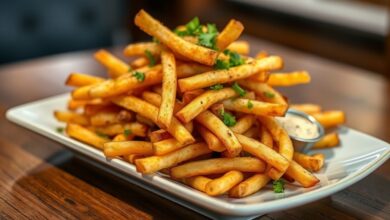 Batatas douradas e crocantes servidas em tigela rústica, salpicadas com ervas e sal grosso