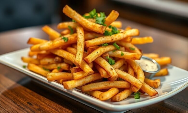 Batatas douradas e crocantes servidas em tigela rústica, salpicadas com ervas e sal grosso