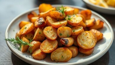 Batatas assadas douradas, com casca, crocantes por fora e macias por dentro, servidas em uma tigela rústica.