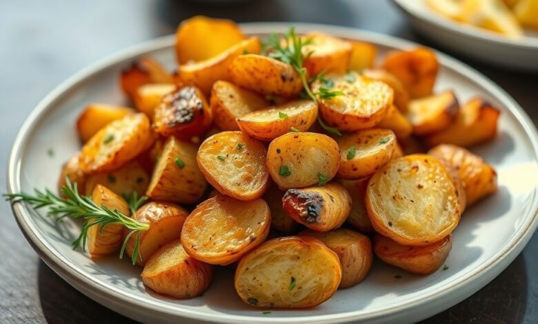 Batatas assadas douradas, com casca, crocantes por fora e macias por dentro, servidas em uma tigela rústica.