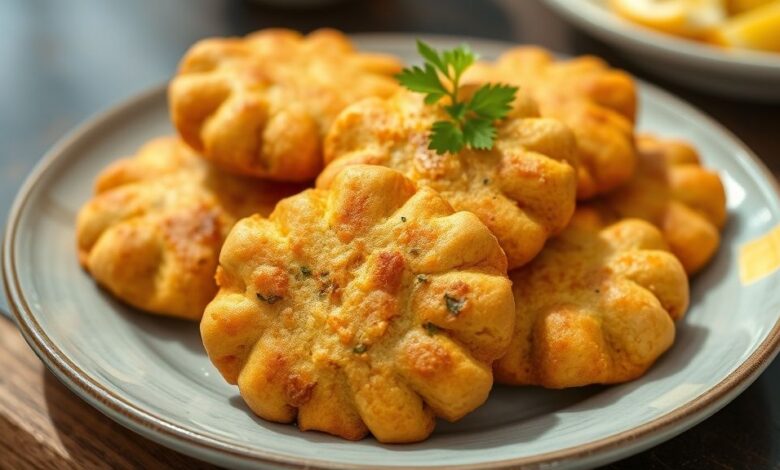 Biscoitinhos dourados e crocantes servidos em uma tigela rústica, prontos para o café da tarde