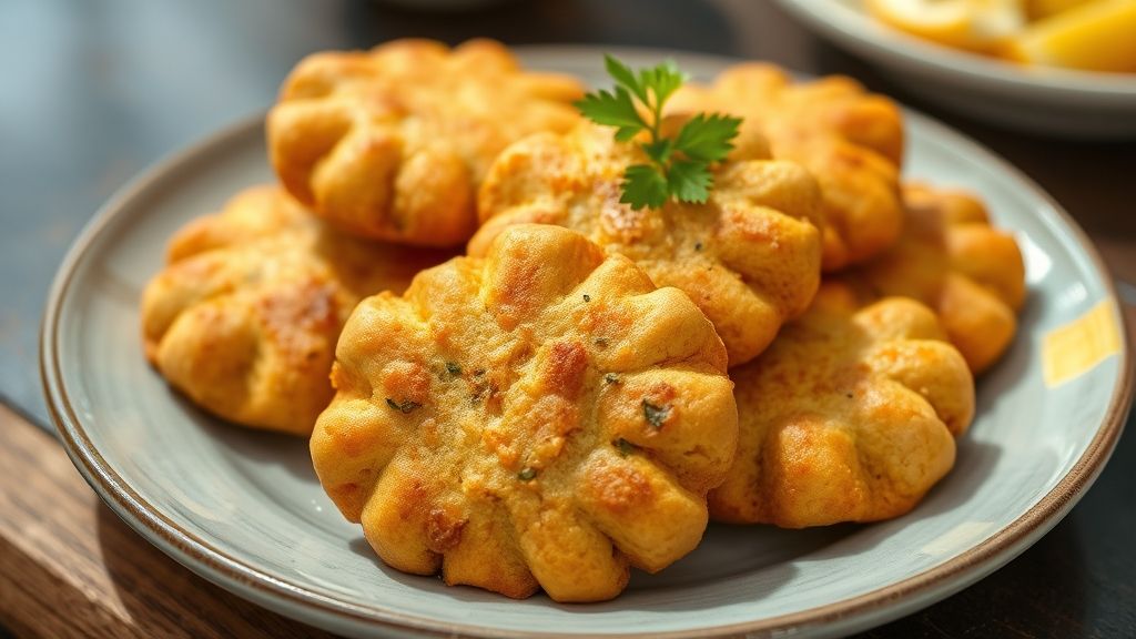 Biscoitinhos dourados e crocantes servidos em uma tigela rústica, prontos para o café da tarde