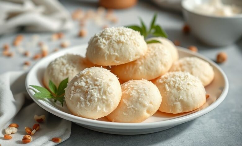Bolachas de coco com maizena douradas, crocantes e bem apresentadas em prato de porcelana