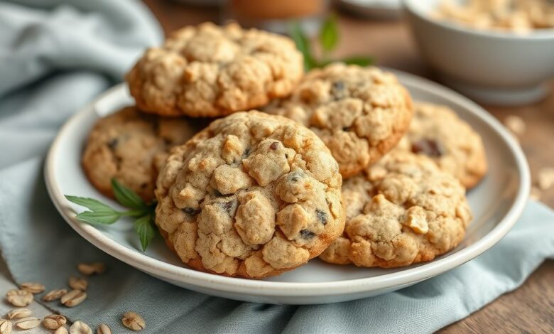 Bolachas caseiras de aveia douradas, crocantes e servidas em prato rústico, prontas para o café.