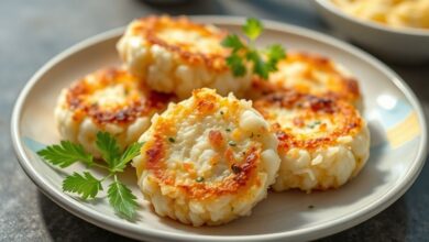 Bolinhos dourados e crocantes servidos em uma travessa com molho ao lado, aparência leve e apetitosa.