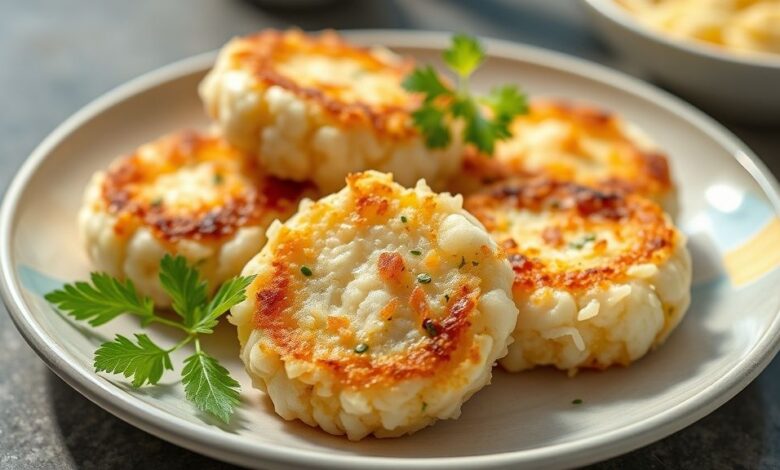 Bolinhos dourados e crocantes servidos em uma travessa com molho ao lado, aparência leve e apetitosa.