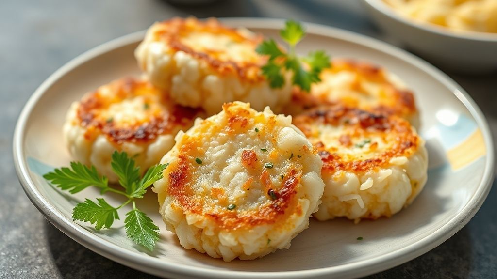 Bolinho de arroz fofinho dourado e crocante servido em prato rústico, mostrando sua textura macia por dentro.