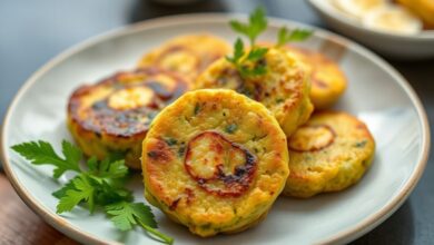 Bolinhos de banana verde dourados e crocantes servidos em um prato com ervas e molho para acompanhar