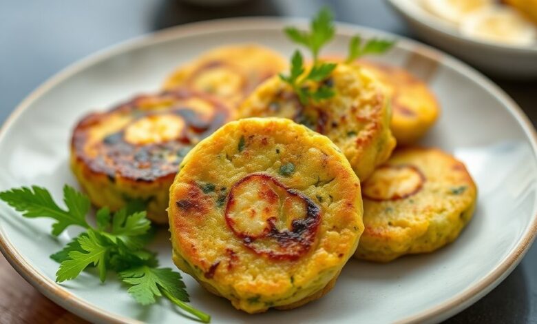 Bolinhos de banana verde dourados e crocantes servidos em um prato com ervas e molho para acompanhar