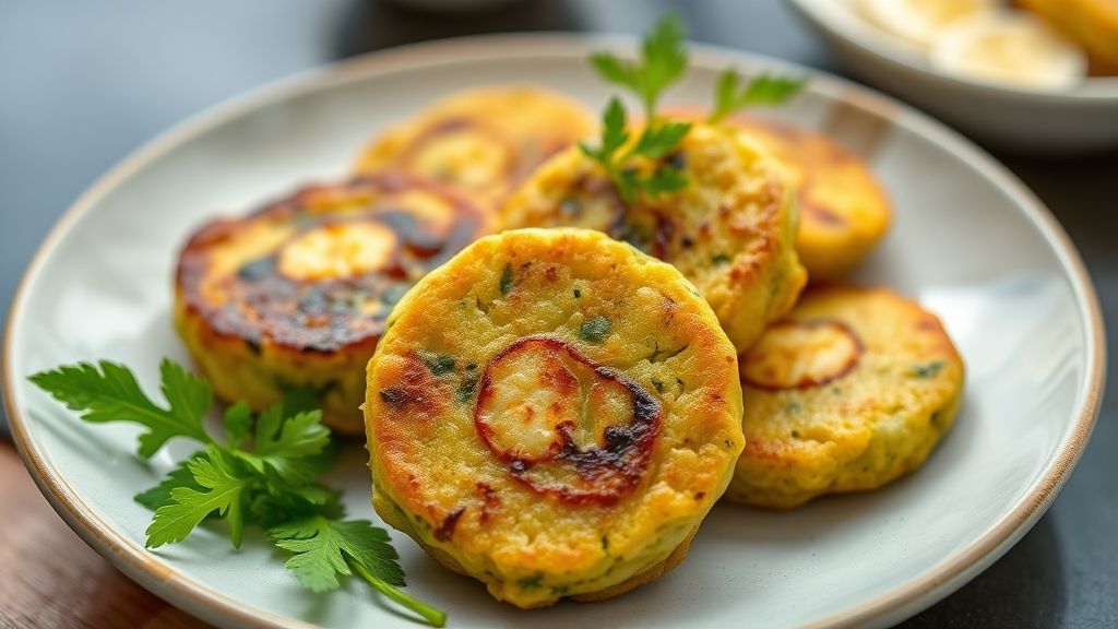 Bolinhos de banana verde dourados e crocantes servidos em um prato com ervas e molho para acompanhar