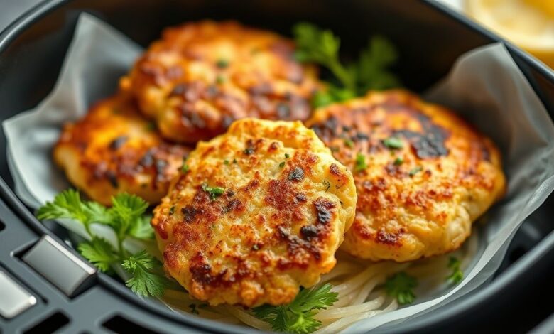 Bolinhos de tilápia dourados e crocantes servidos em prato rústico com limão e folhas verdes