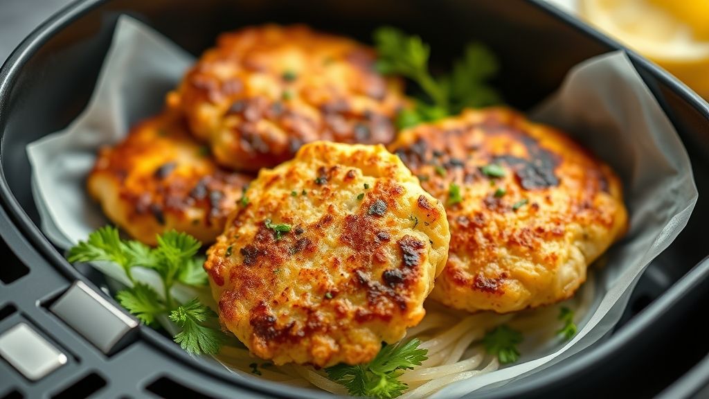 Bolinhos de tilápia dourados e crocantes servidos em prato rústico com limão e folhas verdes